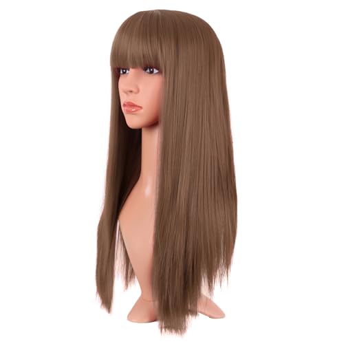 MapofBeauty 24 Inch Long Straight Flat Bangs Party Cosplay Wig,Medium Brown | 60 cm Synthetic Hair Wig, Heat Resistant, Women - color: Medium Brown