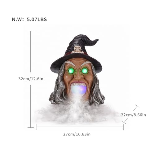 Wicked Witch Head Halloween Statue with Mist Maker, Add Water Smoking Prop with LED Green Eyes, Hand-Painted Faux Marble Resin Spooky Entryway Centerpiece - color: Witch Fog Light Decor