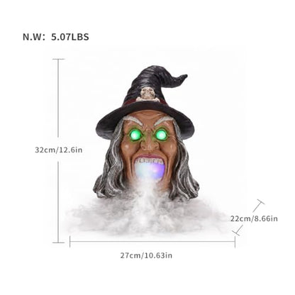 Wicked Witch Head Halloween Statue with Mist Maker, Add Water Smoking Prop with LED Green Eyes, Hand-Painted Faux Marble Resin Spooky Entryway Centerpiece - color: Witch Fog Light Decor