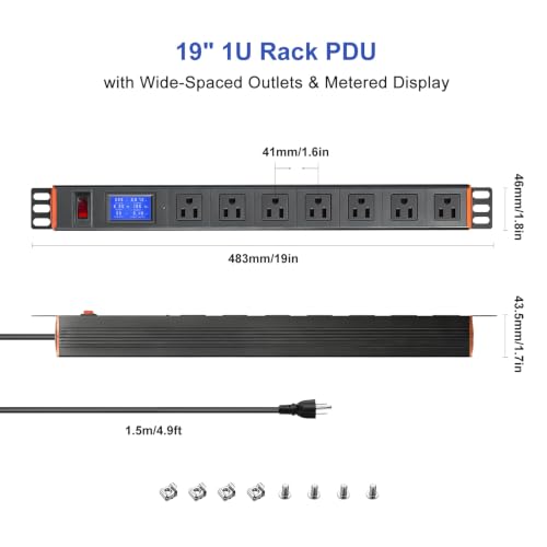 19in 1U Metered PDU Rack Mount Power Strip with Display | Rackmount PDU With 7 Outlets,Digital Meter Shows Real-Time Voltage & Current.15A Overload Protection. 30° Rotating Brackets