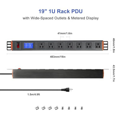 19in 1U Metered PDU Rack Mount Power Strip with Display | Rackmount PDU With 7 Outlets,Digital Meter Shows Real-Time Voltage & Current.15A Overload Protection. 30° Rotating Brackets