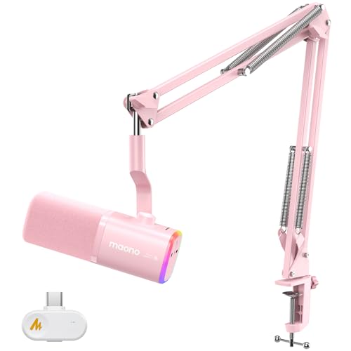 MAONO PD100W Wireless Dynamic Gaming Microphone for PC with USB-C Receiver | One-Click Noise Reduction,Custom RGB,Mute,Monitoring, Companion App,Boom Mic Set for Game Streaming Discord Podcasting, Pink - color: Pink