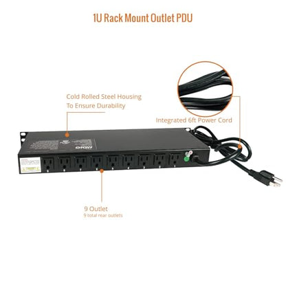 Tecmojo 9-Outlet Rack Mount Overloading Protection Circuit Breaker PDU, with Individual Switch 6ft Cord for IT and Network Racks and Cabinets - size: 9 Outlets/12A/Overloading Protection