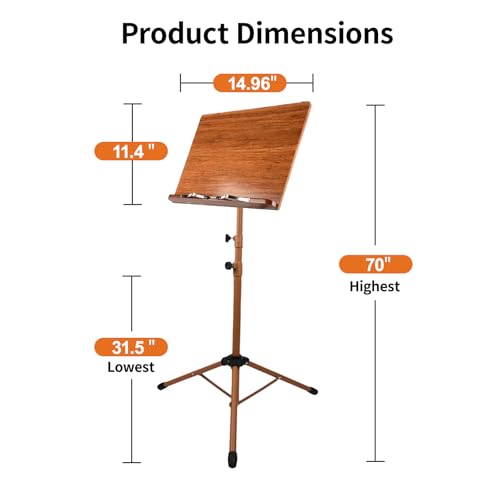 Sheet Music Stand - Portable Music Stand with Carrying Bag, Made of Wooden and Metal Build, Bamboo Conductor Podium Lectern Metal Stand Foldable with Adjustable Height & Angle for Home or Studio