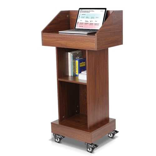 Wooden Podium with Wheels, 49 in Wooden Portable Lectern Stand with Storage Shelf, Rolling Lectern Podium Cart, Mobile Pulpit for Churches Classroom Office Hostess Stand - size: With Wheels