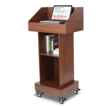 Wooden Podium with Wheels, 49 in Wooden Portable Lectern Stand with Storage Shelf, Rolling Lectern Podium Cart, Mobile Pulpit for Churches Classroom Office Hostess Stand - size: With Wheels