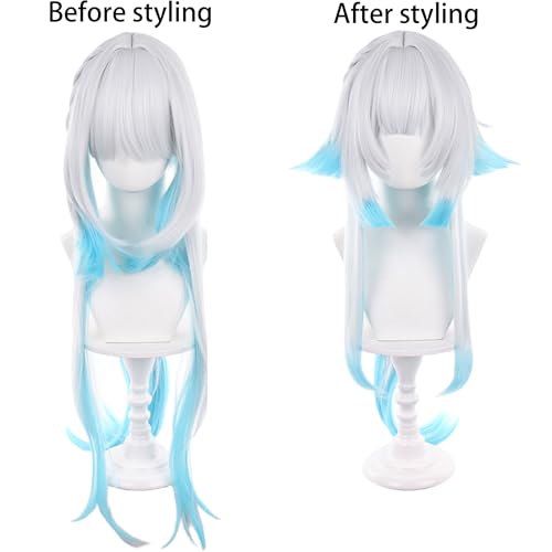 Anime White Gradient Blue Wigs with Bangs Women Long Straight Wig with Braids and Ponytail Cery Adult COS Game Empress Wigs Halloween,Christmas,Comic con,Game Show,Party - color: Blue White Gradient