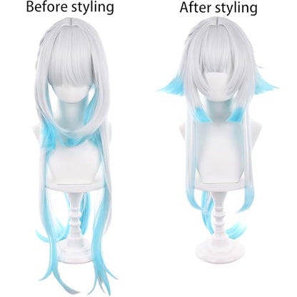 Anime White Gradient Blue Wigs with Bangs Women Long Straight Wig with Braids and Ponytail Cery Adult COS Game Empress Wigs Halloween,Christmas,Comic con,Game Show,Party - color: Blue White Gradient