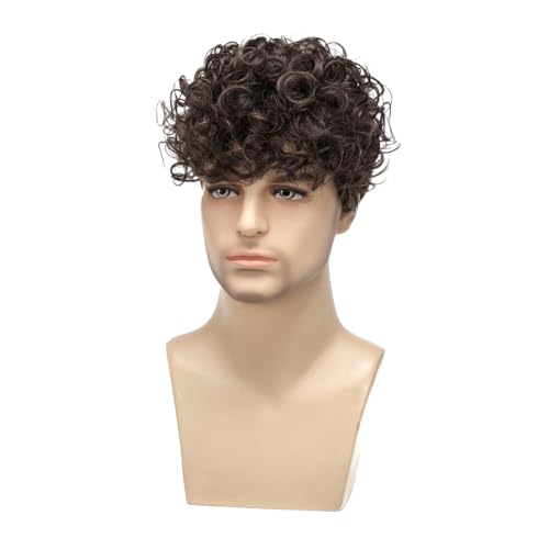 Mens Curly Wigs Dack Brown Short Wig,Synthetic Heat Resistant Costume Wig Mens Daily Cosplay Party Halloween - color: C-Brown