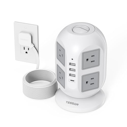 TESSAN Tower Surge Protector Power Strip, 10 ft Long Flat Extension Cord | 8 AC Outlets with 4 USB Ports (1 USB C), Charging Station with Surge Protection, for Home Office Dorm Room Essentials - color: Grey, size: 10 Feet (4 USB Ports, 1 USB-C)
