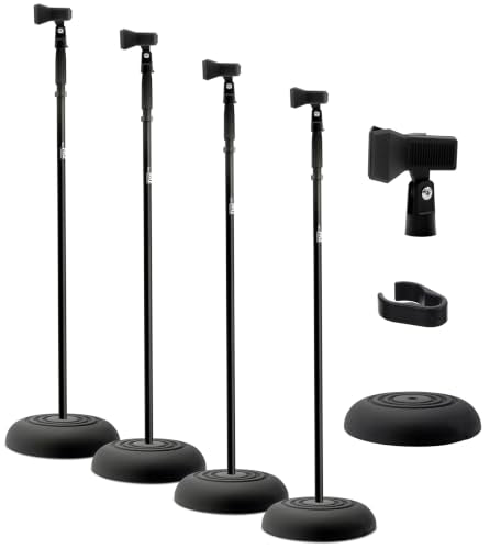 Pyle 4-Pack Microphone Stands with Adjustable Height and Heavy-Duty Steel Base | Universal Mic Holder with 180° Adjustable Clip for Stage & Recording Studio Equipment - size: Pack 4