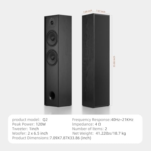 Elimavi Floor Standing Tower Speakers Pair, Dual 6.5" Woofers, 120W, Black | 1" silk dome tweeter, passive hi-fi speakers, home theater use, MDF enclosure, deep bass response, for music & movies - color: Black