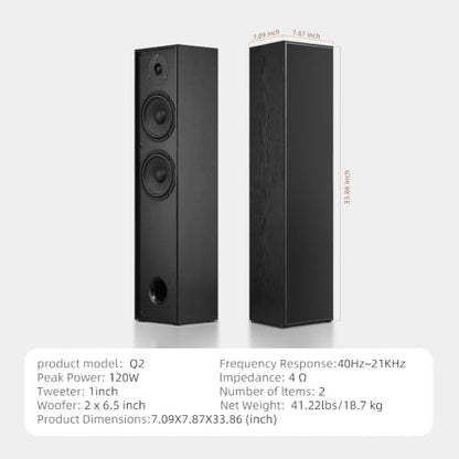 Elimavi Floor Standing Tower Speakers Pair, Dual 6.5" Woofers, 120W, Black | 1" silk dome tweeter, passive hi-fi speakers, home theater use, MDF enclosure, deep bass response, for music & movies - color: Black
