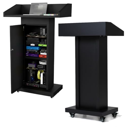 Heavy-Duty Black Metal Podium Stand with Lockable Wheels | Mobile Lectern with Storage Cabinet & Standard 44.56" Height | for Conference Rooms, Churches, Classrooms & Events (Style 3) - color: Style 3