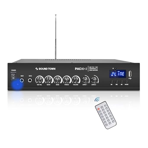 Sound Town 60W 2-Zone 70V/100V Commerical Power Amplifier with Bluetooth, Aluminum, for Restaurants, Lounges, Bars, Pubs, Schools and Warehouse (PAC80-2) - size: 80