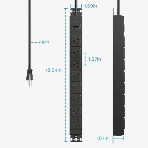 HHSOET Metal 360° Rotating 8 Outlet Mountable Power Strip, 3FT, Black, 1 | 8 Outlet Surge Protector Power Strip, Heavy Duty Wall Mount Surge Protector with Switch, 1200J, 15A 125V 1875W - size: 3ft