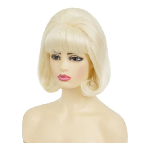 Blonde Beehive Wigs for Women Short Curly Retro Wig With Bangs 50s 60s Bouffant Cosplay Costume Party Halloween Hair Wig - color: Short Blonde