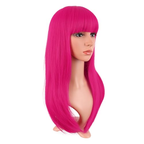 MapofBeauty 24 Inch Long Straight Flat Bangs Party Cosplay Wig, Hot Pink | 60 cm Synthetic Hair Wig, Heat Resistant, Women - color: Hot Pink