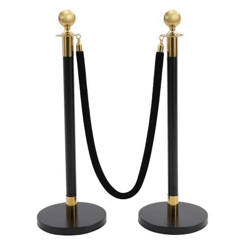 4Pcs Stainless Steel Stanchion Post with Ball Top, Crowd Control Barriers with 2 Pcs 5FT Black Velvet Carpet Ropes, Safety Barriers Set for Party (Gold+Black) - color: Gold+Black, size: 4PCS