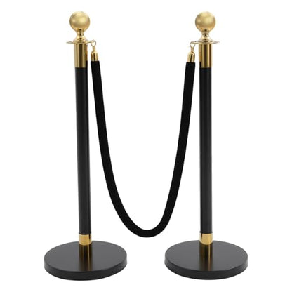 4Pcs Stainless Steel Stanchion Post with Ball Top, Crowd Control Barriers with 2 Pcs 5FT Black Velvet Carpet Ropes, Safety Barriers Set for Party (Gold+Black) - color: Gold+Black, size: 4PCS