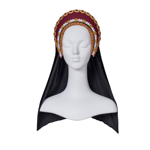 Willyacos Tudor French Hood Anne Boleyn Costume Headpiece Elizabethan Headwear Renaissance Tudor Hat Headdress Headband - color: Red