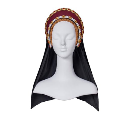Willyacos Tudor French Hood Anne Boleyn Costume Headpiece Elizabethan Headwear Renaissance Tudor Hat Headdress Headband - color: Red