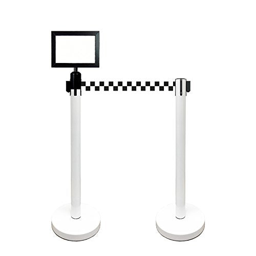 Retractable Stanchion, 6 SPECIALTY Posts + Signframe, 36" Ht, 78" Special Event & Holiday Theme Belt + Bonus Replacement Cassettes + Wall Receiver (WHT Post/Checker Belt) - color: Wht Post/Checker Belt