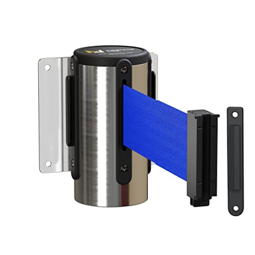 Montour Line WM115 Wall Mounted Retractable Belt Barrier with Standard Belt End, Fixed Mount, Polished Stainless Steel Casing (8.5 ft Blue Belt) - color: Blue, size: 8.5 ft