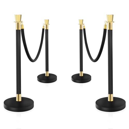 Black Stainless Steel Stanchions Rope - Crowd Control Barriers with Red Carpet Safety Barrier, Velvet Ropes and Posts & Retractable Belts for Party Theater Weddings, Museums - 4Pcs - color: Black, size: 4Pcs
