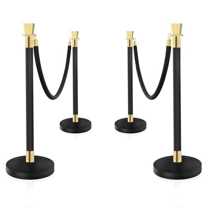 Black Stainless Steel Stanchions Rope - Crowd Control Barriers with Red Carpet Safety Barrier, Velvet Ropes and Posts & Retractable Belts for Party Theater Weddings, Museums - 4Pcs - color: Black, size: 4Pcs