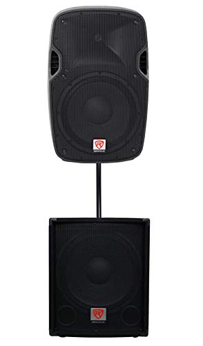 Rockville SPGN128 Bundle: 12-in 1200W Peak/300W RMS Passive DJ PA Speaker, SBG1154 15-in 800-Watt 4-Ohm Passive Subwoofer with Pole Mount, RSP36 36-in Heavy-Duty Steel Mounting Pole, 3-Items