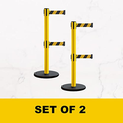 MSE630D 2 Retractable 13 Ft Red Dual Belt Barrier Stanchions | Rolling Base and Yellow Steel Post - color: Red