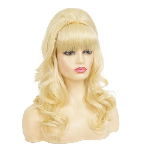 Blonde Long Curly Wig With Bangs Beehive Wig Synthetic Fibre Hair 50s 70s Cosplay Party Womens Halloween Costume Wigs - color: Curly Blonde