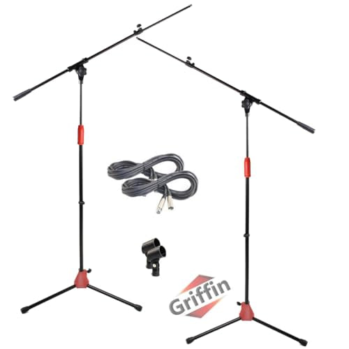 GRIFFIN 2 Pack Microphone Boom Stands (StageLOCK Series) – Tripod Base with Telescoping Arm, Mic XLR Cables, Clips – 20ft Cord for Studio or Live - size: 2 Pack