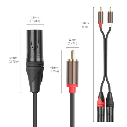 RCA to XLR HiFi Audio Cable 10 Feet, 2 RCA Male to 2 XLR Male, Black with Red/Black Tail, 4N OFC Wire and Gold-Plated Conductors for Amplifier, Mixer, Microphone - size: 10FT, style: 2 RCA Male to 2 XLR Male