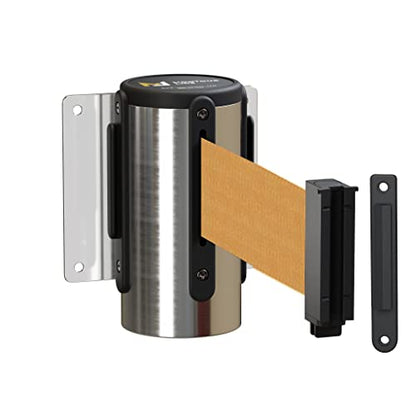 Montour Line WM115 Wall Mounted Retractable Belt Barrier with Standard Belt End, Fixed Mount, Polished Stainless Steel Casing (8.5 ft Brown Belt) - color: Brown, size: 8.5 ft