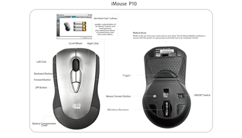 Adesso iMouse P10 Wireless Presenter Air Mouse Mobile 2.4 GHz RF 100 Feet Range MotionSense Gyroscopic Gesture Control Mini Pocket Travel Size Pointer Device for Laptop Desktop Windows PC | Mobile RF, 100 Feet Range, MotionSense Gyroscopic Gesture Control
