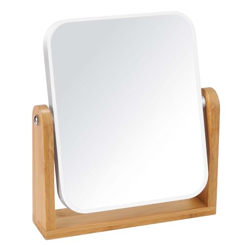 LFOYOU Vanity Makeup Mirror with Natural Bamboo Stand, Double Sided 360 Degree Swivel Magnifying Mirror, Tabletop Magnified Make up Mirror for Bathroom or Bedroom 8 Inch - size: 8"L x 7.1"W