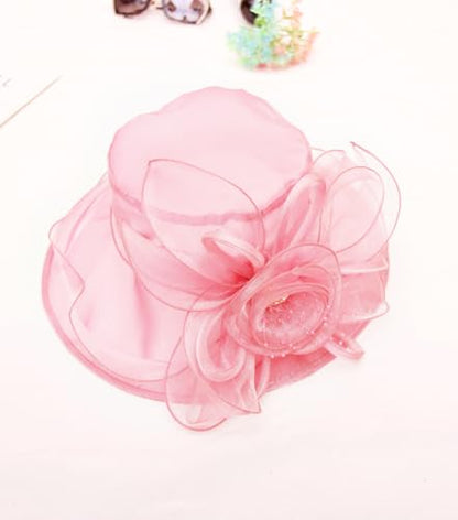 Women Derby Fascinator Hat Organza Church Wedding Hats Wide Brim Cocktail Tea Party Hat - color: 08 Light Pink