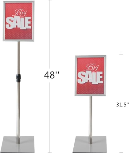 T-Sign 31.5 to 48 Inch Pedestal Sign Holder - Adjustable Floor Sign Stand for 8.5x11 Displays, Heavy Duty Outdoor Sign Holder with Square Base for Restaurants, Retail, Trade Shows, and Events (Silver) - size: 8.5 x 11 inches, Silver