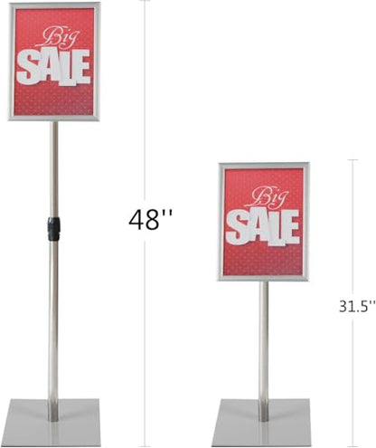 T-Sign 31.5 to 48 Inch Pedestal Sign Holder - Adjustable Floor Sign Stand for 8.5x11 Displays, Heavy Duty Outdoor Sign Holder with Square Base for Restaurants, Retail, Trade Shows, and Events (Silver) - size: 8.5 x 11 inches, Silver