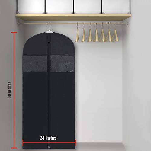 PLX 60" Inch Black Garment Bags for Long Hanging Clothes | Women Dress Bag and Men Suit Bag for Travel, Shirts, Fur Coats, Dance Costumes, Clothing Cover, Closet Storage With Zipper - size: 6 pack black: 60” x 24”