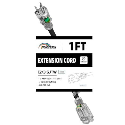 1 Ft Black Outdoor Extension Cord with Lighted End Weatherproof 12 Gauge | UL Certified 12/3 SJTW Cable, 15A Rated, Suitable for Lights, Lawn Tools and Short Connections - size: 1FT, style: 12/3