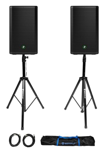 Audiosavings Bundle: (2) Mackie Thrash212 12 1300W Powered Active DJ PA Speaker Thrash 212 Bundle with (1) Pair of Rockville Adjustable Tripod Speaker/Light Stands+(2) 20 Foot XLR Cables (3 Items)