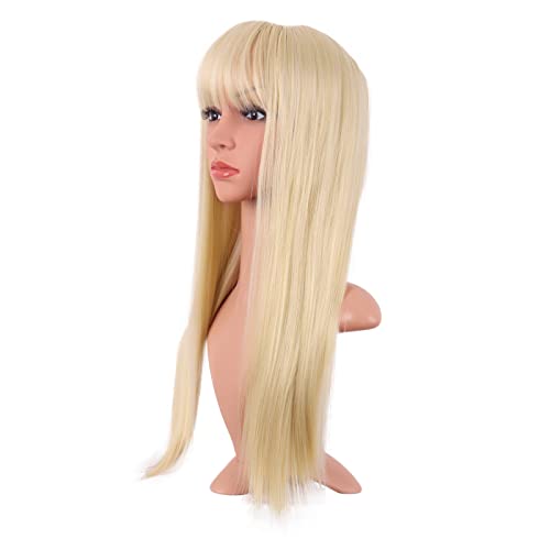MapofBeauty 24 Inch Long Straight Flat Bangs Party Cosplay Wig,Mixed Blonde | 60 cm Synthetic Hair Wig, Heat Resistant, Women - color: Mixed Blonde