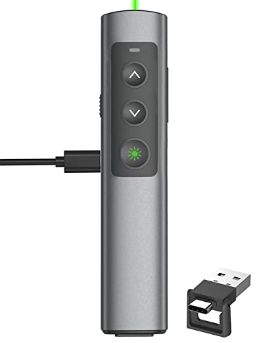 Metal Wireless Presentation Clicker, 2-in-1 USB Type-C Dual Receiver | Rechargeable PowerPoint Remote with Green Laser Pointer, Works for Mac Windows Linux, Laptop, Google Slides Keynote - style: Metal Rechargeable 02 Green Light