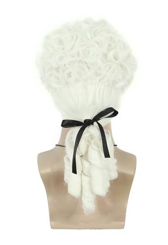 VGbeaty Adult Judge Colonial Wig Long Curly White Wig with Ponytail | VGbeaty Adult Judge Colonial Wig Long Curly White Wig with Ponytail - color: Curly-White