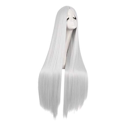 MapofBeauty 40 Inch Carve Long Straight Cosplay Anime Costume Wig, Silver - color: Silver