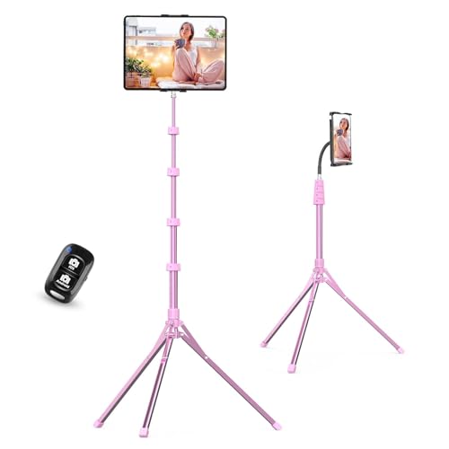 Aureday Adjustable Tripod Stand, 67” Height, Tablet Holder for iPad mini/Air/Pro, Kindle, Switch, Smartphones, 4.7”-12.9” Devices, Pink - color: Pink