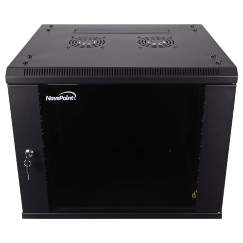 NavePoint 9U Server Cabinet Wall Mount Rack Enclosure Includes 2 Fans, Locking Glass Door, Removable Side Panels – 9U Network Cabinet 17.7” Deep, 19 Inch Server Rack for IT and A/V Equipment - size: 9U - 450mm Depth